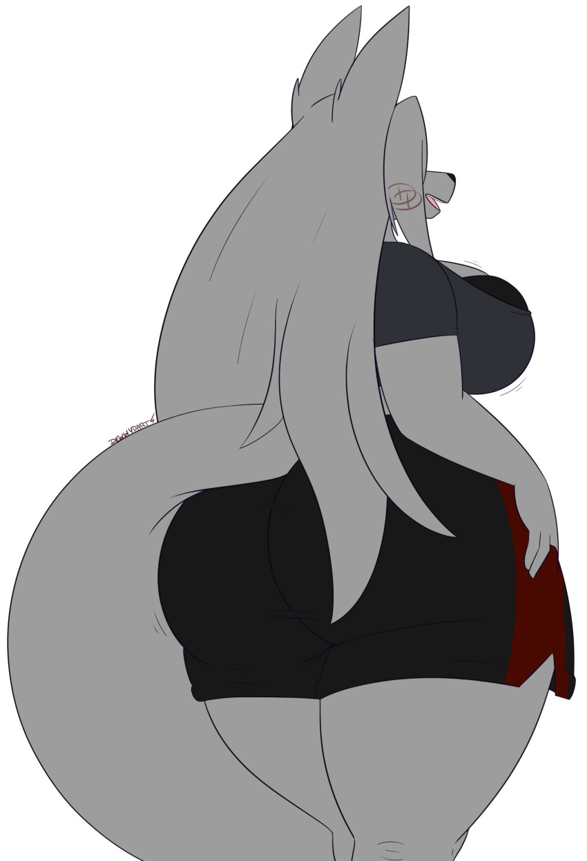 2022 alternate_species anthro big_breasts big_butt black_bottomwear black_bra black_clothing black_shorts black_underwear bottomwear bra bra_slip breasts butt canid canine canis clothing dewwydarts female fur grey_body grey_clothing grey_fur grey_hair grey_shirt grey_topwear hair hi_res long_hair mammal may_(dewwydarts) open_mouth rear_view shirt shorts simple_background solo standing thick_thighs topwear underwear white_background wide_hips wolf