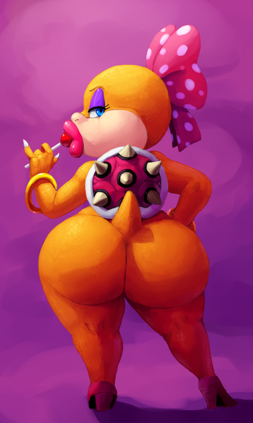 4_fingers accessory anthro big_butt blue_eyes bow_ribbon bracelet butt butt_focus candy clothing dessert eyeshadow female fingers food footwear gold_(metal) gold_jewelry hair_accessory hair_bow hair_ribbon hi_res high_heels jewelry koopaling lips lollipop makeup mario_bros nintendo outta_sync ribbons scalie solo spikes spikes_(anatomy) tail thick_lips wendy_o._koopa