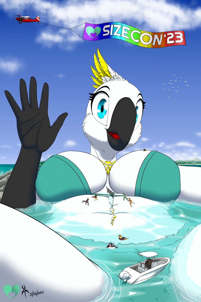 2023 5_fingers accipitrid accipitriform aircraft airplane anthro avian bald_eagle ball beak belly bird bird_flock blue_eyes boat braxia_(artist) breasts canid canine canis clothing cloud cockatoo detailed_background domestic_cat eagle extreme_size_difference eyebrows eyelashes feather_hair feathers felid feline felis female feral fingers fish gentle_giant gesture group hi_res humanoid humanoid_hands kadence_eversong looking_at_viewer lying macro male mammal marine micro micro_on_macro navel neck_tuft net on_back open_mouth parrot partially_submerged pseudo_hair reptile scalie sea sea_eagle shark signature size_difference sizecon_2023 sport swimwear tuft vehicle volleyball volleyball_(ball) volleyball_net water watercraft waving waving_at_viewer wolf