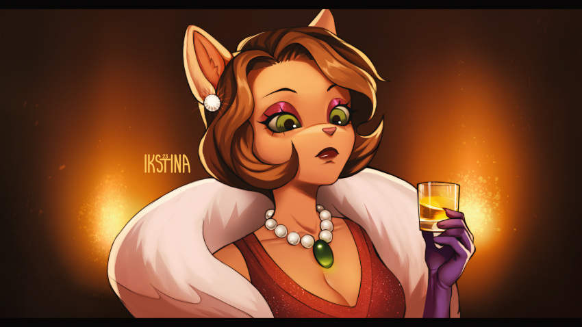 absurd_res alcohol anthro beverage big_breasts breasts brown_body brown_fur brown_hair clothed clothing container cup digital_media_(artwork) domestic_cat dress drinking_glass ear_piercing emerald_(gem) eyebrows eyelashes felid feline felis female fingers fur gem glass glass_container glass_cup gloves green_eyes hair handwear hi_res holding_object ikstina jewelry lackadaisy lady_(disambiguation) letterbox lipstick looking_down makeup mammal mitzi_may necklace pearl_(gem) pearl_necklace piercing portrait retro shaded simple_background skinny solo topwear webcomic webcomic_character whiskey widescreen