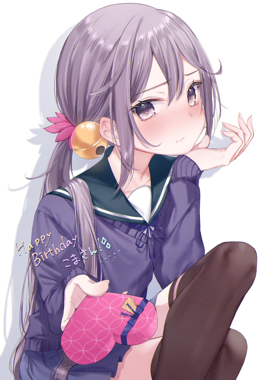 1girl akebono_(kancolle) bell black_thighhighs box cardigan commentary_request feet_out_of_frame fingernails flower gift gift_art gift_box green_sailor_collar hair_bell hair_flower hair_ornament heart-shaped_box highres holding holding_gift jingle_bell kanae_(inorin05kanae) kantai_collection long_hair long_sleeves pink_flower purple_cardigan purple_eyes purple_hair sailor_collar side_ponytail simple_background solo thighhighs white_background