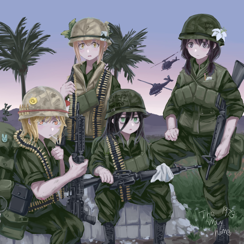 4girls absurdres aircraft ammunition_belt ammunition_pouch assault_rifle backpack bag black_hair blonde_hair card cigarette clothes_writing combat_helmet diu9you flower green_eyes grey_eyes gun hair_between_eyes helicopter helmet highres holding holding_gun holding_weapon kuroki_tomoko load_bearing_equipment m16 machine_gun military multiple_girls outdoors palm_tree playing_card pouch rifle smoking soldier standing tamura_yuri tanaka_mako tree vietnam_war watashi_ga_motenai_no_wa_dou_kangaetemo_omaera_ga_warui! weapon yellow_eyes yoshida_masaki