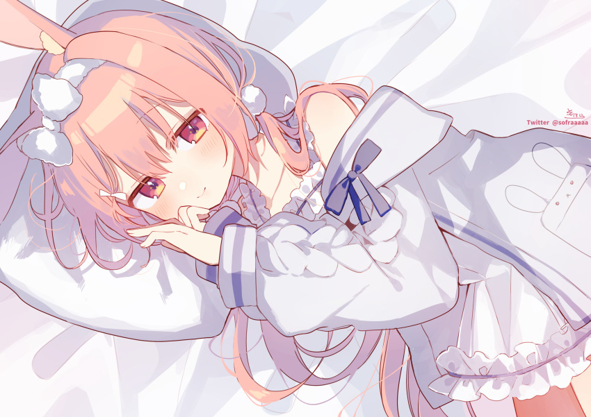 1girl absurdres animal_ear_fluff animal_ears bed_sheet blush brown_hair closed_mouth collarbone dress frilled_dress frills hair_between_eyes hands_up highres jacket long_hair looking_at_viewer low_twintails lying off_shoulder on_side open_clothes open_jacket original pillow rabbit_ears red_eyes signature sleeveless sleeveless_dress smile sofra solo twintails twitter_username very_long_hair white_dress white_jacket