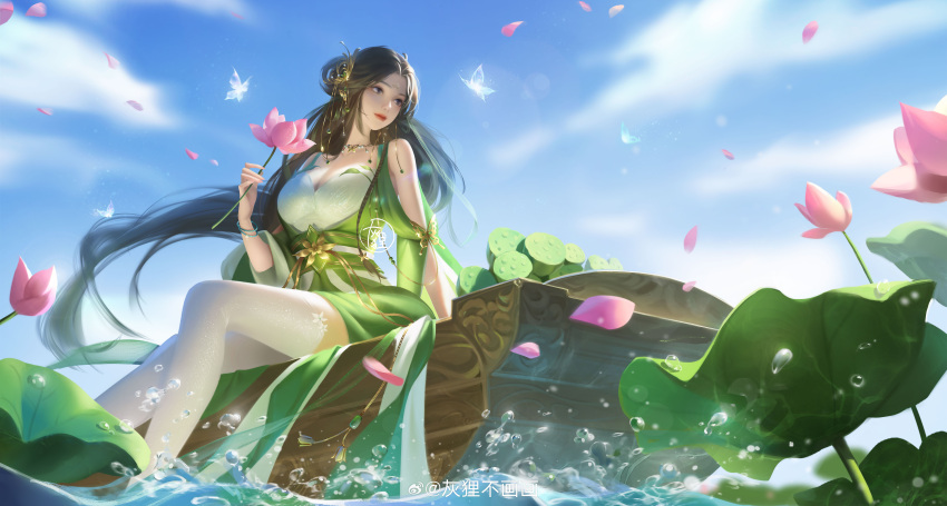 1girl absurdres baiguio_(zhu_xian) bare_shoulders blue_sky boat brown_hair clothing_cutout cloud dress flower green_dress hair_ornament highres holding holding_flower hui_li_bu_huahua jewelry lily_pad long_hair looking_to_the_side lotus_root necklace sash second-party_source shoulder_cutout sky smile solo splashing thighhighs water watercraft white_thighhighs zhu_xian