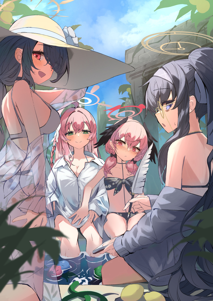4girls absurdres bare_shoulders bikini black_bikini black_hair blue_archive blue_eyes blue_sky blush braid breasts closed_mouth clothes_pull cloud collarbone day green_eyes hair_between_eyes hair_over_one_eye halo hanako_(blue_archive) hanako_(swimsuit)_(blue_archive) hat high_ponytail highres hinata_(blue_archive) hinata_(swimsuit)_(blue_archive) hiyayakko_(jfky2528) kneeling koharu_(blue_archive) koharu_(swimsuit)_(blue_archive) large_breasts long_hair looking_at_viewer multiple_girls off_shoulder official_alternate_costume open_clothes open_mouth outdoors pink_hair purple_eyes quill red_eyes ribbon see-through see-through_shirt shirt shirt_pull side_braid sitting sky smile soaking_feet sun_hat swimsuit ui_(blue_archive) ui_(swimsuit)_(blue_archive) very_long_hair white_shirt