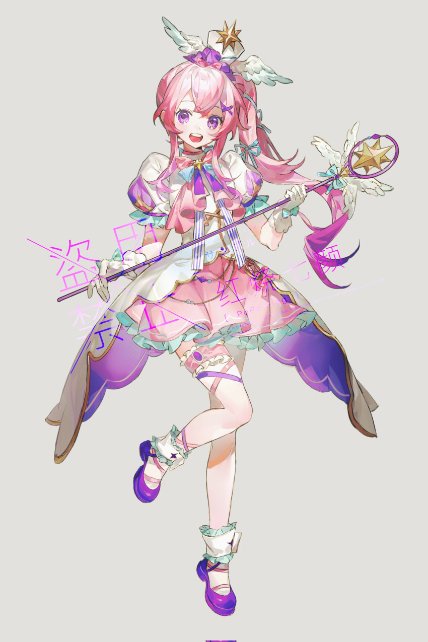 1girl bird_wings blue_bow bow brooch dress frilled_sleeves frills full_body gloves grey_background hair_ornament hairclip happybiirthd highres holding holding_wand jewelry leg_ribbon long_hair magical_girl multicolored_clothes multicolored_dress open_mouth original pink_hair puffy_short_sleeves puffy_sleeves purple_eyes purple_footwear ribbon shoes short_sleeves side_ponytail signature simple_background smile solo standing standing_on_one_leg star_(symbol) star_brooch star_wand teeth thighhighs translation_request upper_teeth_only wand watermark white_gloves white_headwear winged_hat winged_wand wings