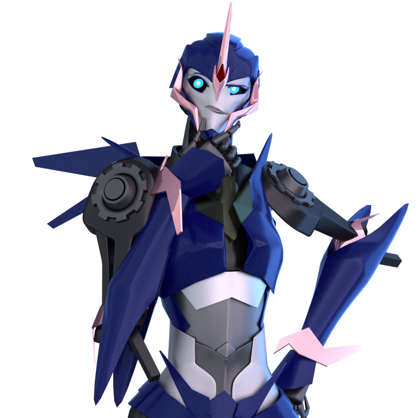 1girl 3d absurdres andypurro arcee blender_(medium) blue_eyes breasts hand_on_own_chin hand_on_own_hip highres humanoid_robot medium_breasts robot robot_girl solo transformers transformers_prime wings