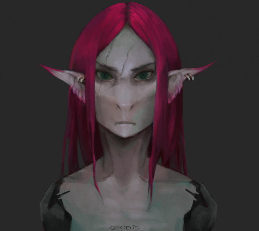 akrolayn anthro artist_name bust_portrait digital_media_(artwork) digital_painting_(artwork) ear_piercing female front_view green_eyes grey_background hair long_hair looking_at_viewer piercing portrait red_hair shaded simple_background solo unknown_species