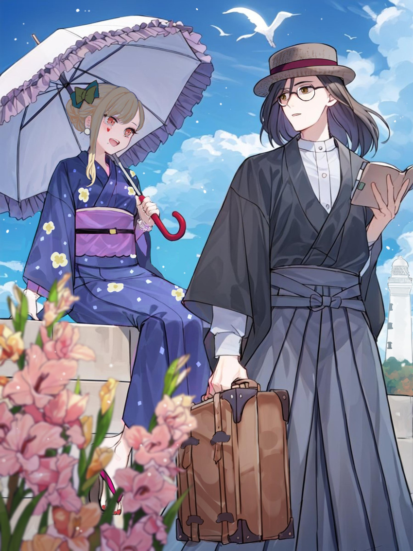 1boy 1girl :d absurdres alternate_costume bird black_hair black_kimono blonde_hair blue_kimono blurry book bow brown_eyes cloud day depth_of_field dress_shirt earrings expressionless eye_contact facial_mark feet_out_of_frame floral_print flower frilled_umbrella frills full_body gladiolus glasses gloves grey_hakama hair_bow hair_bun hair_down hakama hat heart heart_facial_mark highres holding holding_book holding_suitcase holding_umbrella japanese_clothes jewelry kimono lace-trimmed_gloves lace_trim lighthouse long_sleeves looking_at_another looking_back luis_cammy medium_hair nail_polish nijisanji obi on_railing open_book otowe parted_bangs parted_lips pink_eyes pink_flower railing red_nails sash see-through_gloves shellin_burgundy shirt single_hair_bun single_sidelock sitting smile standing straw_hat suitcase toenail_polish toenails umbrella virtual_youtuber white_gloves white_shirt zouri