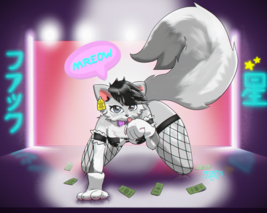 all_fours anthro armwear ass_up banknote black_hair bow_tie bra breasts cat_lingerie clothing ear_tag facial_markings felid feline female fishnet fishnet_legwear fishnet_thigh_highs fluffy fluffy_tail fur gloves grey_body grey_fur hair hand_lick handwear head_markings hi_res japanese_text kneeling legwear licking lingerie maid_uniform mammal markings meow money neon_lights paw_gloves paws solo speech_bubble spotlight stage stage_lights star strip_club tail teasnapple teevie text thigh_highs tongue tongue_out underwear uniform