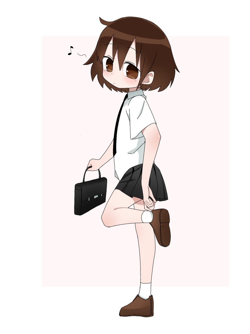 1girl bag blush brown_eyes brown_hair fusuma_(suwaru_boom) highres kill_me_baby musical_note necktie oribe_yasuna putting_on_shoes shirt short_hair simple_background skirt solo spoken_musical_note white_background