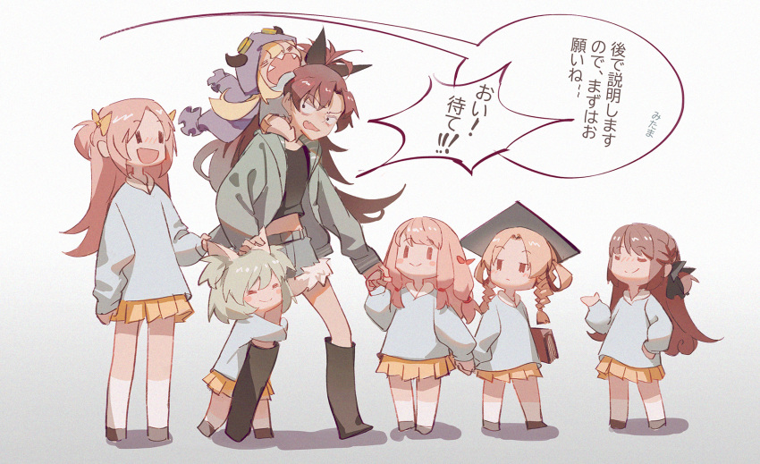 6+girls :d aged_down alternate_costume black_footwear black_headwear black_ribbon black_shirt blonde_hair blue_shirt boots bow braid brown_eyes brown_hair casual chitose_yuma closed_eyes crop_top die_(die0118) full_body fur-trimmed_shorts fur_trim green_hair green_jacket hair_bow hair_ribbon hair_rings hat highres hiiragi_nemu holding_hands hugging_another's_leg jacket kindergarten_uniform long_hair long_sleeves magia_record:_mahou_shoujo_madoka_magica_gaiden mahou_shoujo_madoka_magica misono_karin mitsuki_felicia mortarboard multiple_girls navel open_clothes open_jacket open_mouth parted_bangs pink_hair pleated_skirt ponytail purple_scarf red_hair ribbon sakura_kyouko satomi_touka scarf shirt short_hair shorts side_braid sidelocks skirt smile standing tamaki_ui twin_braids two_side_up yellow_skirt