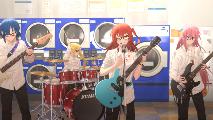 4girls ahoge arm_up bass_guitar bespectacled black_pants blonde_hair blue_eyes blue_hair blush bocchi_the_rock! checkered_floor closed_mouth commentary concentrating cosplay cube_hair_ornament dress_shirt drum drum_set drumsticks electric_guitar feet_out_of_frame glasses gotoh_hitori green_eyes guitar hair_bobbles hair_ornament highres holding holding_drumsticks holding_plectrum ijichi_nijika indoors instrument kita_ikuyo laundromat long_hair long_sleeves looking_at_viewer looking_down looking_to_the_side matching_outfits microphone_stand multiple_girls music one_eye_closed one_side_up open_mouth pants pink_hair playing_instrument plectrum polkadot_stingray_(band) red_eyes red_hair sakuraki_riichi shirt shoulder_strap side_ponytail sleeves_rolled_up smile standing washing_machine white_shirt yamada_ryo yellow_eyes