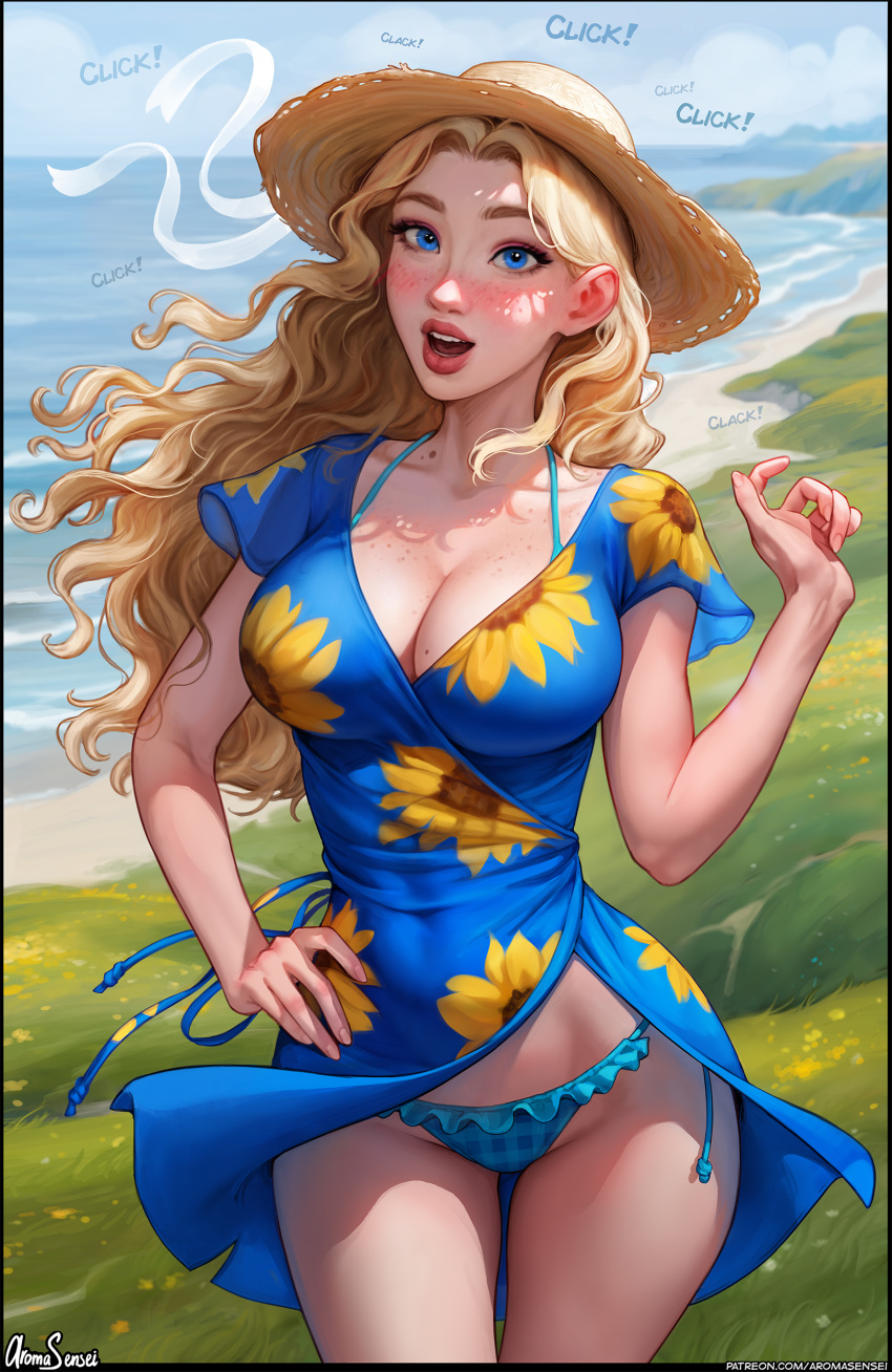 1girl :o absurdres aroma_sensei artist_name beach bikini bikini_under_clothes black_border blonde_hair blue_dress blue_eyes blue_panties blush border breasts cleavage clothes_lift collarbone covered_navel cowboy_shot curvy dress english_text floating_hair floral_print freckles frilled_bikini frills grass haley_(stardew_valley) hat highres large_breasts long_hair looking_at_viewer mole mole_on_breast nose open_mouth outdoors panties pantyshot parted_hair patreon_username plaid plaid_bikini posing short_dress side-tie_bikini_bottom skirt skirt_lift sky solo sound_effects stardew_valley straw_hat surprised swimsuit underwear v-neck wide_hips wind wind_lift