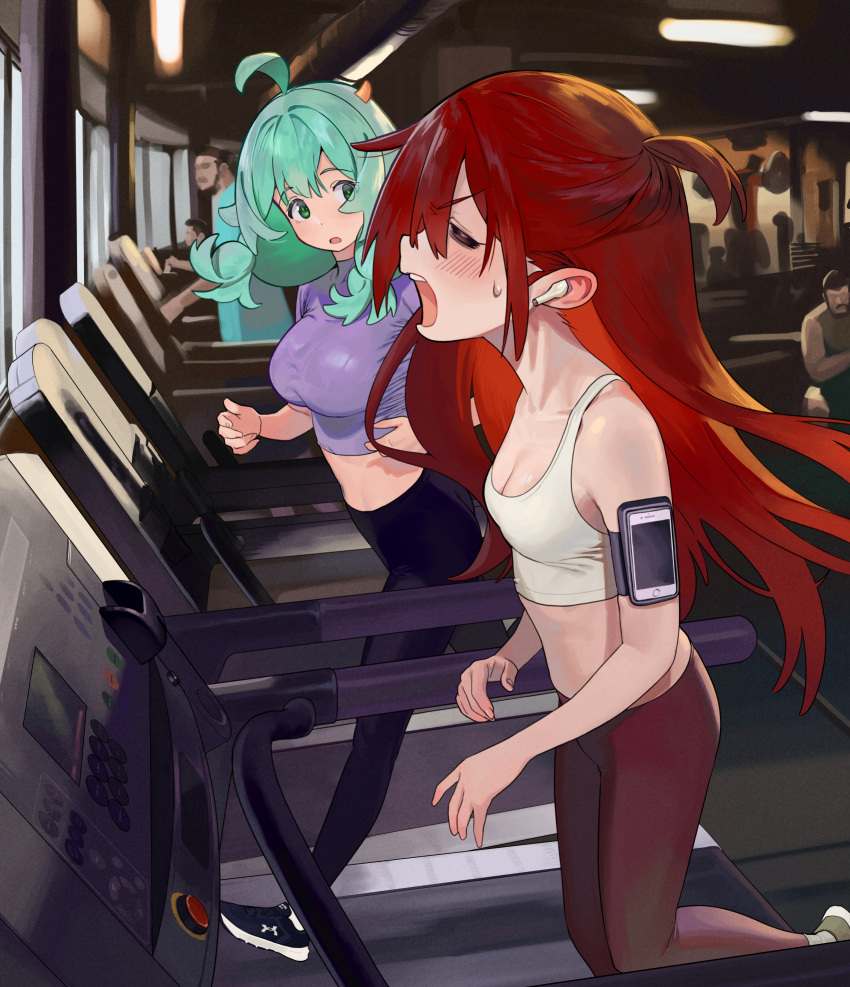 2girls 3boys ahoge airpods bare_shoulders black_footwear black_pants blush breasts cellphone cleavage closed_eyes commentary cropped_shirt english_commentary exercise exhausted green_eyes green_hair gym highres hipa_(some1else45) indoors large_breasts long_hair medium_breasts midriff multiple_boys multiple_girls nahia_(some1else45) open_mouth original pants phone profile purple_shirt red_hair red_pants romaji_commentary running shirt shoes smartphone sneakers some1else45 sports_bra sweatdrop teeth treadmill upper_teeth_only very_long_hair white_sports_bra wireless_earphones yoga_pants