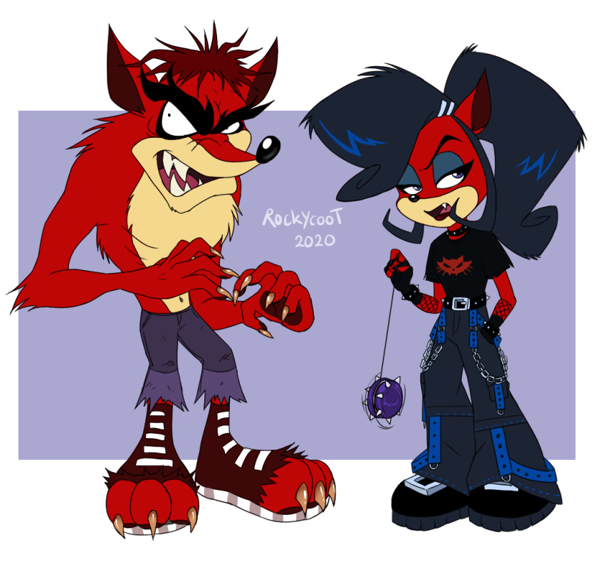 2020 5_fingers activision anthro bandicoot biped black_hair black_nose blue_eyes bracelet brother_(lore) brother_and_sister_(lore) claws clothed clothing collar crash_bandicoot_(series) duo evil_coco evil_crash eyebrows eyeshadow female finger_claws fingers full-length_portrait fur geometric_background hair jewelry makeup male mammal marsupial portrait red_body red_fur rockycoot sibling_(lore) signature simple_background sister_(lore) spiked_bracelet spiked_collar spikes standing white_background year yo-yo