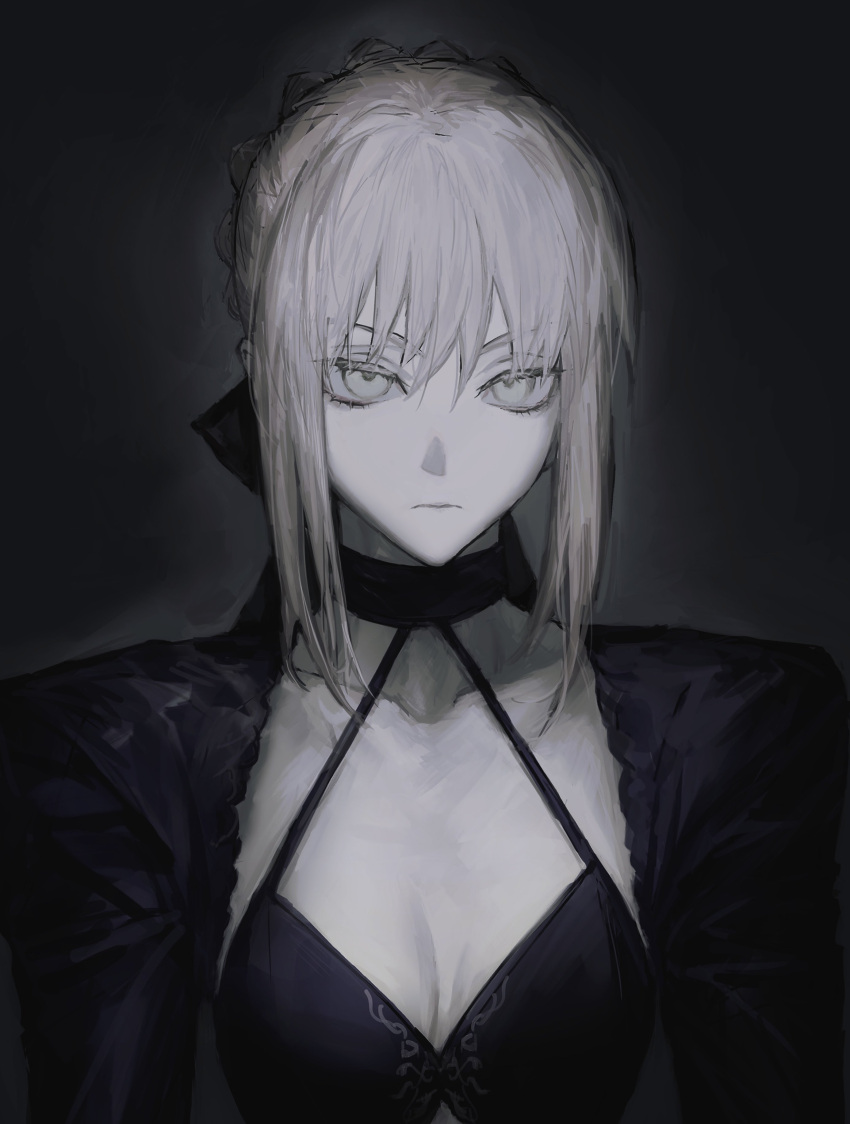 1girl absurdres artoria_pendragon_(fate) black_background black_dress black_ribbon blonde_hair braid breasts cleavage dark_persona dress e9_ek3s expressionless fate/grand_order fate_(series) french_braid gothic_lolita hair_between_eyes hair_ribbon highres juliet_sleeves lolita_fashion long_hair long_sleeves looking_at_viewer puffy_sleeves ribbon saber saber_alter simple_background solo upper_body yellow_eyes