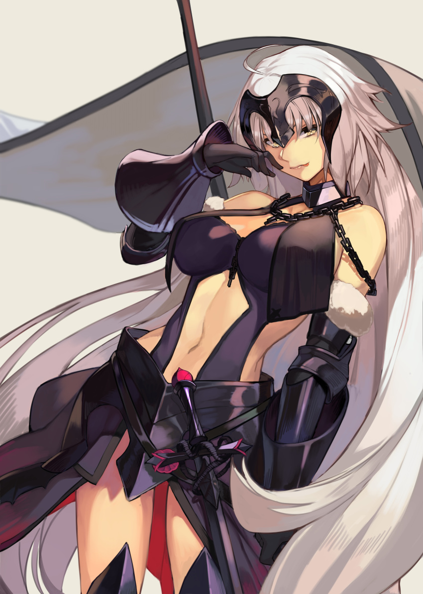 1girl absurdres ahoge alwaysregg armor armored_dress bare_shoulders black_dress black_gloves black_sleeves breasts closed_mouth clothing_cutout commentary_request detached_sleeves dress fate/grand_order fate_(series) flag fur-trimmed_sleeves fur_trim gauntlets gloves grey_background hair_between_eyes headpiece highres holding holding_flag holding_polearm holding_weapon jeanne_d'arc_alter_(avenger)_(fate) jeanne_d'arc_alter_(avenger)_(third_ascension)_(fate) jeanne_d'arc_alter_(fate) long_hair looking_at_viewer medium_breasts mixed-language_commentary navel plackart polearm simple_background solo stomach stomach_cutout tongue tongue_out very_long_hair weapon white_flag white_hair yellow_eyes
