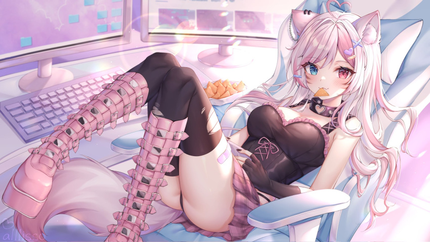 1girl :3 alllisso animal_ears black_panties black_thighhighs blue_eyes boots breasts chair commission facial_mark fang fang_out food fox_ears fox_girl fox_tail gaming_chair heterochromia highres indie_virtual_youtuber keyboard_(computer) large_breasts looking_at_viewer lying miniskirt monitor mouth_hold multicolored_hair nachos on_back panties pink_footwear pink_hair pink_skirt red_eyes skirt smile swivel_chair tail thighhighs torn_clothes torn_thighhighs toulie_(vtuber) two-tone_hair underwear virtual_youtuber whisker_markings white_hair