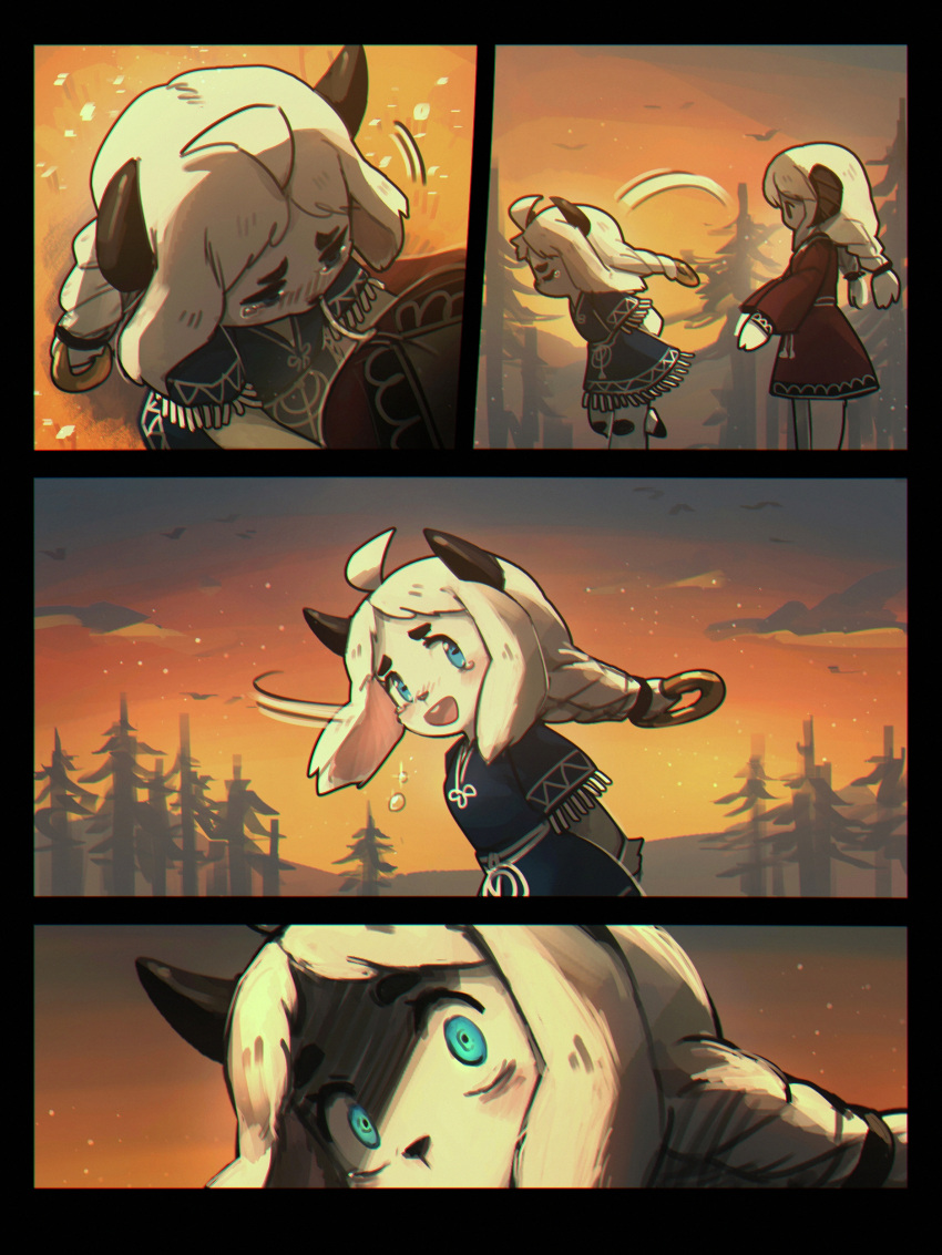 2girls absurdres ahoge animal_ears blue_dress blue_eyes braid colored_skin crying dress fantasy furry furry_female goat_ears goat_girl goat_horns highres horizontal_pupils horns medium_hair multiple_girls original porforever red_dress scared sunset sunset_(porforever) surprised twin_braids white_hair white_skin