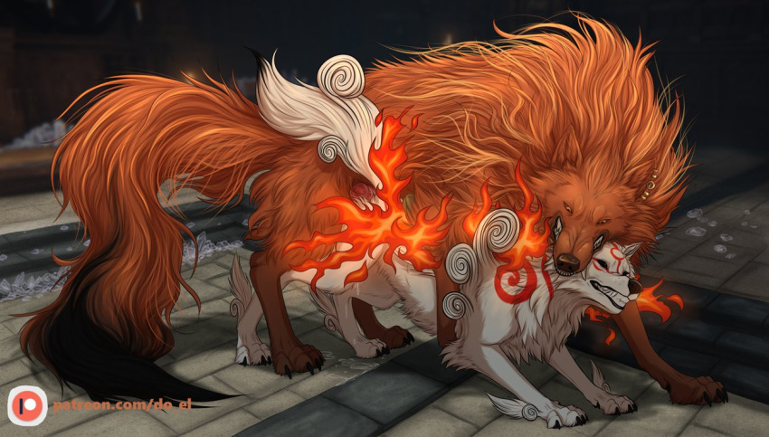 amaterasu_(okami) animal_genitalia animal_penis canid canine canine_genitalia canine_penis canis capcom clenched_teeth crossover dorosheva-e duo ear_piercing ear_ring elden_ring erection fangs female feral feral_on_feral feral_penetrated feral_penetrating feral_penetrating_feral fromsoftware fur genitals inside knot male male/female mammal okami_(capcom) orange_body orange_fur penetration penis piercing red_wolf_of_radagon ring_piercing sex teeth white_body white_fur wolf
