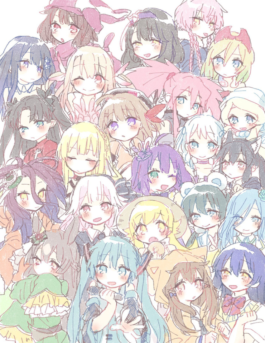 6+girls annotation_request averting_eyes black_hair blonde_hair blue_eyes blue_flower blue_hair blush_stickers cabbie_hat cha_ipride character_request choker cinderella_series closed_eyes closed_mouth copyright_request crossover facing_viewer fantasy_life fate/grand_order fate/kaleid_liner_prisma_illya fate_(series) flower followers_favorite_challenge gradient_hair graphite_(medium) green_eyes green_hair hachigatsu_no_cinderella_nine hair_flower hair_ornament hat hatsune_miku highres hinomori_shizuku holding holding_microphone ichinose_rei idoly_pride illyasviel_von_einzbern k-on! llenn_(sao) long_bangs long_hair looking_at_viewer looking_to_the_side love_live! microphone monogatari_(series) multicolored_hair multiple_drawing_challenge multiple_girls nagase_kotono nakano_azusa no_game_no_life okuyama_sumire one_eye_closed open_mouth oshino_shinobu outstretched_arm pink_headwear presea_combatir project_sekai purple_choker purple_eyes purple_hair saeki_haruko_(idoly_pride) satono_diamond_(umamusume) shuvi_(no_game_no_life) simple_background smile sonoda_umi spiked_hair sword_art_online sword_art_online_alternative:_gun_gale_online tales_of_(series) tales_of_symphonia tohsaka_rin traditional_media twintails two_side_up ukita_akane umamusume vocaloid white_background yuelia_(fantasy_life)