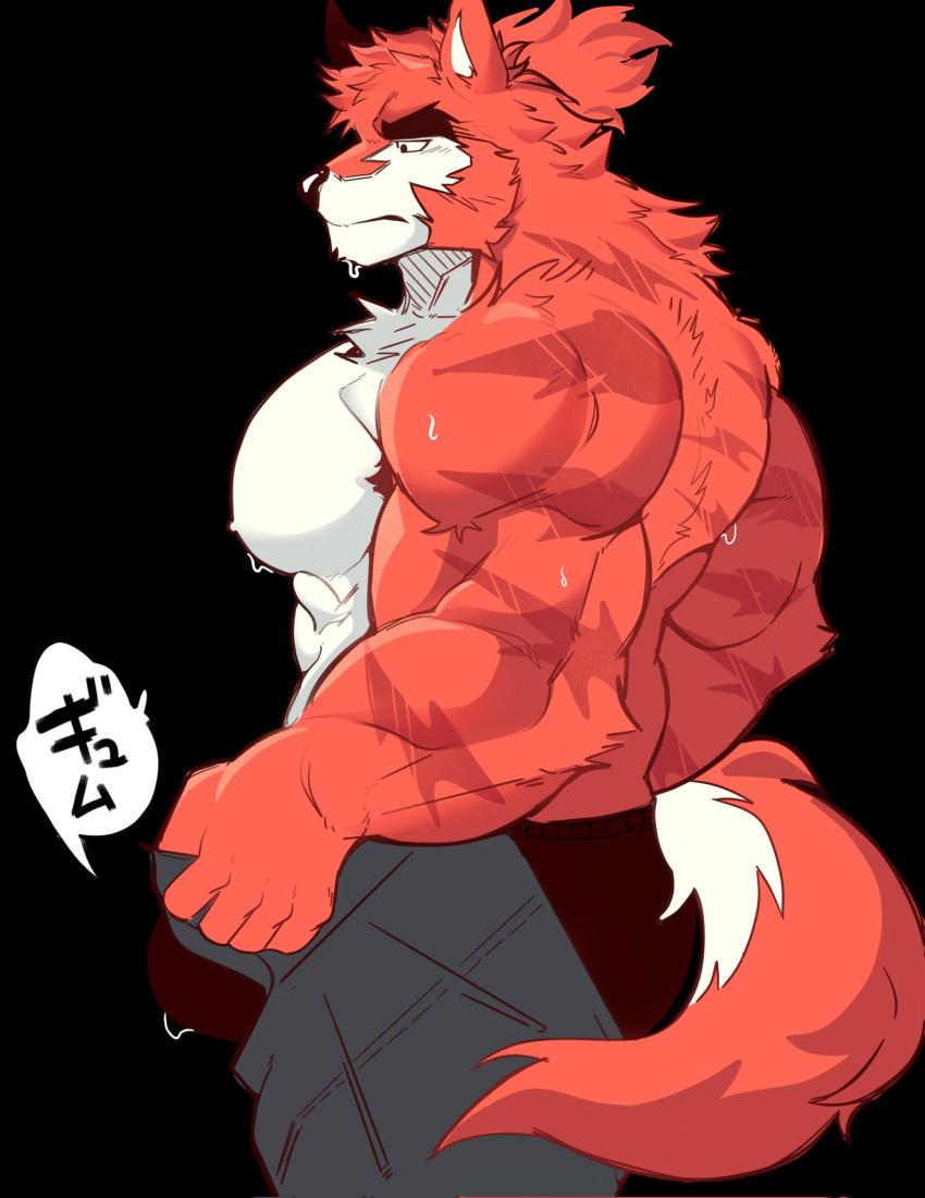 1boy animal_ears artist_request ass bara black_male_underwear bulge dog_boy dog_ears dog_tail dressing feet_out_of_frame forked_eyebrows from_side highres i've_never_seen_a_guy_recreate_this_successfully_tbh_(meme) large_pectorals male_focus male_underwear meme muscular muscular_male nipples open_pants orange_fur original pants pants_lift pectorals precum precum_drip short_hair solo sweat tail thick_arms thick_eyebrows topless_male translation_request undersized_clothes underwear