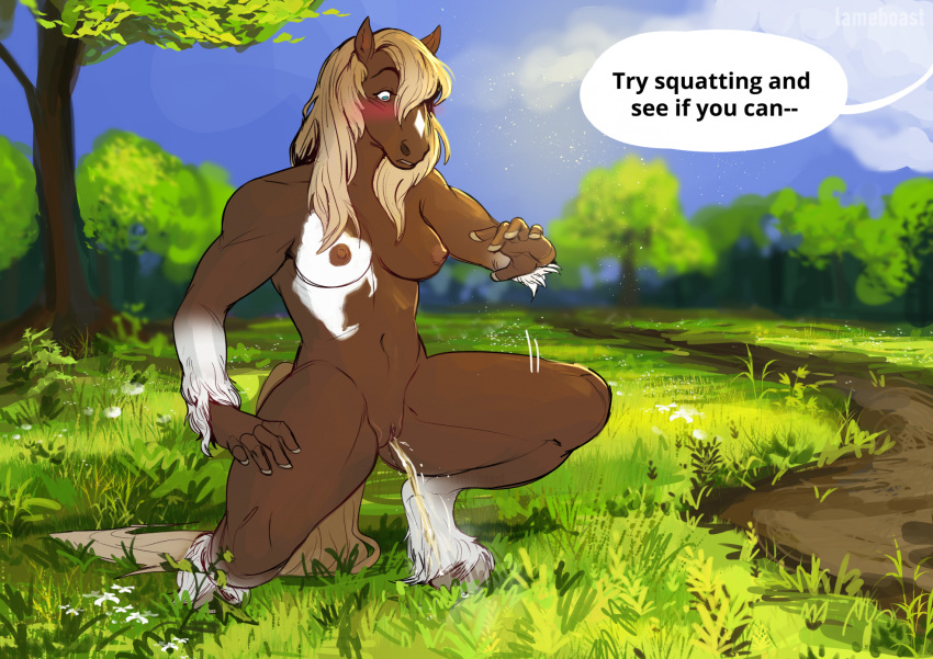 2023 5_fingers anthro areola artist_name biped blue_eyes blue_sky blush bodily_fluids breasts brown_body brown_fur cloud crouching day dialogue digital_media_(artwork) english_text equid equine eyebrows eyelashes facial_blush female female_peeing fingers fur genital_fluids genitals grass hi_res hooves horse lameboast mammal navel nipples offscreen_character outside path peeing peeing_on_ground plant pussy shaded sky solo speech_bubble text tree urine urine_stream yellow_urine