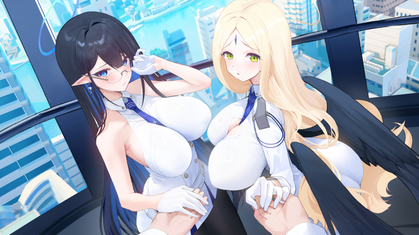 2girls ass ayumu_(blue_archive) bare_shoulders belt black_hair black_pantyhose black_wings blonde_hair blue_archive blue_eyes blue_hair blush breasts buttons cleavage collared_dress colored_inner_hair double-breasted dress earrings eyeliner feathered_wings forehead forehead_jewel glasses gloves green_eyes half_gloves halo highres holding_hands huge_breasts jewelry large_breasts long_hair long_sleeves looking_at_viewer makeup multicolored_hair multiple_girls necktie pantyhose parted_bangs pointy_ears rin_(blue_archive) short_dress thighs very_long_hair white_dress white_gloves wings xiujia_yihuizi