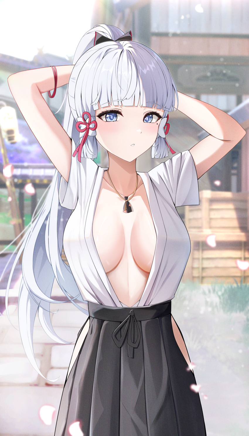 1girl absurdres arm_up black_skirt blue_hair blunt_bangs blunt_tresses blurry blurry_background blush breasts butterfly_ring folding_fan genshin_impact hair_ribbon hand_fan highres holding holding_fan kamisato_ayaka light_blue_hair looking_at_viewer medium_breasts mole mole_under_eye neck_tassel no_bra open_clothes open_shirt outdoors ponytail ribbon skirt tassel tress_ribbon yeni1871