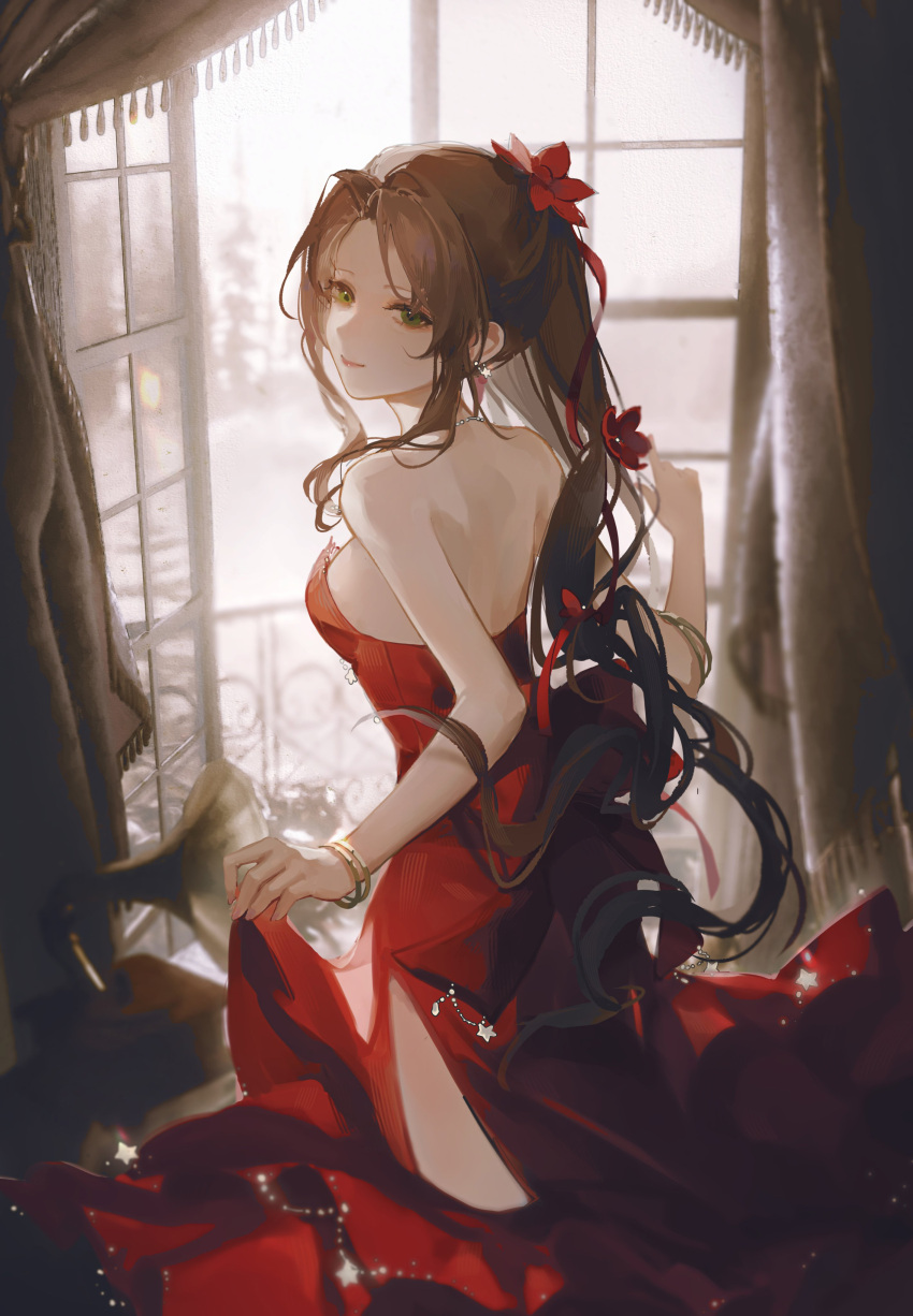 1girl absurdres aerith_gainsborough armlet back_bow backless_dress backless_outfit bare_shoulders bow breasts brown_hair cowboy_shot curtains dress earrings final_fantasy final_fantasy_vii final_fantasy_vii_remake flamenco_dress flower gjygyao gold_bracelet green_eyes hair_flower hair_ornament hair_ribbon highres indoors jewelry long_dress long_hair looking_at_viewer looking_back medium_breasts official_alternate_costume open_door parted_bangs ponytail red_dress red_flower red_ribbon ribbon side_slit sidelocks smile solo star_(symbol) star_earrings strapless strapless_dress