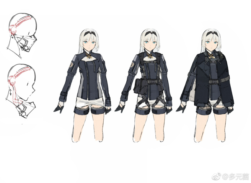 1girl an-94_(girls'_frontline) aqua_eyes arrow_(symbol) bare_legs black_capelet black_hairband blonde_hair blue_shirt capelet chest_cutout chest_harness closed_mouth duoyuanjun expressionless feet_out_of_frame girls'_frontline gloves hairband harness highres jacket long_hair long_sleeves looking_at_viewer mask mouth_mask multiple_views official_art pouch reference_sheet shirt sidelocks simple_background snap-fit_buckle tactical_clothes thigh_strap weibo_logo weibo_username white_background