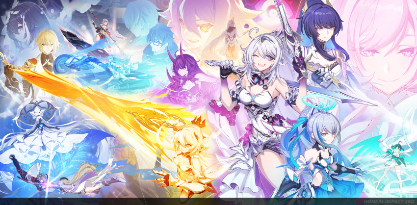2boys 6+girls ahoge ana_schariac ana_schariac_(herrscher_of_ice) armor asymmetrical_clothes bare_shoulders beret black_gloves black_headwear blonde_hair breasts bronya_zaychik bronya_zaychik_(herrscher_of_reason) bronya_zaychik_(herrscher_of_truth) brown_hair chain chinese_clothes chinese_commentary cleavage closed_mouth colored_inner_hair couple crown cube elysia_(herrscher_of_human:ego)_(honkai_impact) elysia_(honkai_impact) fingerless_gloves fire fu_hua fu_hua_(herrscher_of_sentience) glasses gloves green_eyes grey_hair gun hair_between_eyes handgun hat herrscher_of_corruption hetero high_ponytail highres holding holding_hands holding_polearm holding_sword holding_weapon honkai_(series) honkai_impact_3rd horns jewelry kiana_kaslana kiana_kaslana_(herrscher_of_flamescion) kiana_kaslana_(herrscher_of_the_void) long_hair looking_at_another looking_at_viewer medium_breasts motor_vehicle motorcycle multicolored_hair multiple_boys multiple_girls official_art official_wallpaper one_eye_closed oni_horns open_hand open_mouth otto_apocalypse owl_(honkai_impact) pink_eyes pink_hair polearm raiden_mei raiden_mei_(herrscher_of_origin) raiden_mei_(herrscher_of_thunder) red_armor red_horns seele_vollerei seele_vollerei_(herrscher_of_rebirth) short_hair shoulder_armor sirin small_breasts smile streaked_hair sword teeth upper_body upper_teeth_only weapon welt_joyce wendy_(honkai_impact) white_armor white_hair white_headwear