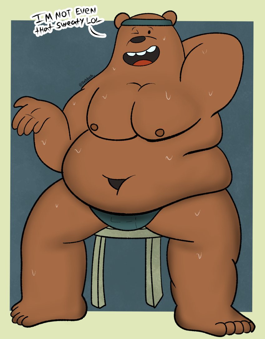 2023 absurd_res anthro bear belly bodily_fluids breasts cartoon_network clothed clothing feet grizzly_(wbb) happy hi_res male mammal moobs obese overweight pinup pose sebboh sitting skimpy solo sweat sweaty_breasts sweaty_feet sweaty_legs sweaty_thighs underwear we_bare_bears