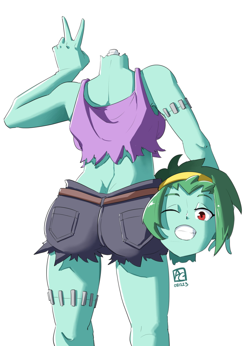 1girl arm_up artist_logo ass automatic_giraffe back bare_arms bare_shoulders black_shorts colored_skin dimples_of_venus disembodied_head english_commentary from_behind green_hair green_skin grin hairband headless highres holding_head looking_at_viewer midriff one_eye_closed pocket red_eyes rottytops shantae_(series) short_shorts shorts simple_background smile solo stitches tank_top undead v white_background yellow_hairband zombie