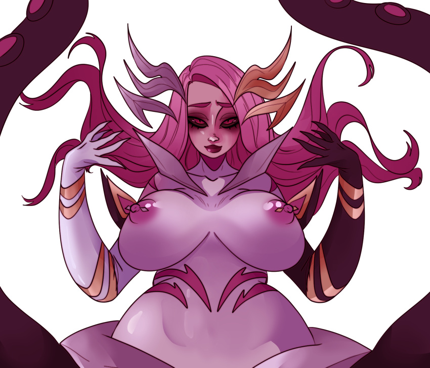 1girl alternate_costume black_sclera breasts closed_mouth collarbone colored_sclera colored_skin coven_(league_of_legends) coven_nami curvy english_commentary furrowed_brow highres huge_breasts hxxxperviolence league_of_legends long_hair looking_at_viewer monster_girl nami_(league_of_legends) nipple_piercing nipples octopus official_alternate_costume official_alternate_hairstyle piercing purple_hair red_eyes scylla simple_background solo tentacles white_background