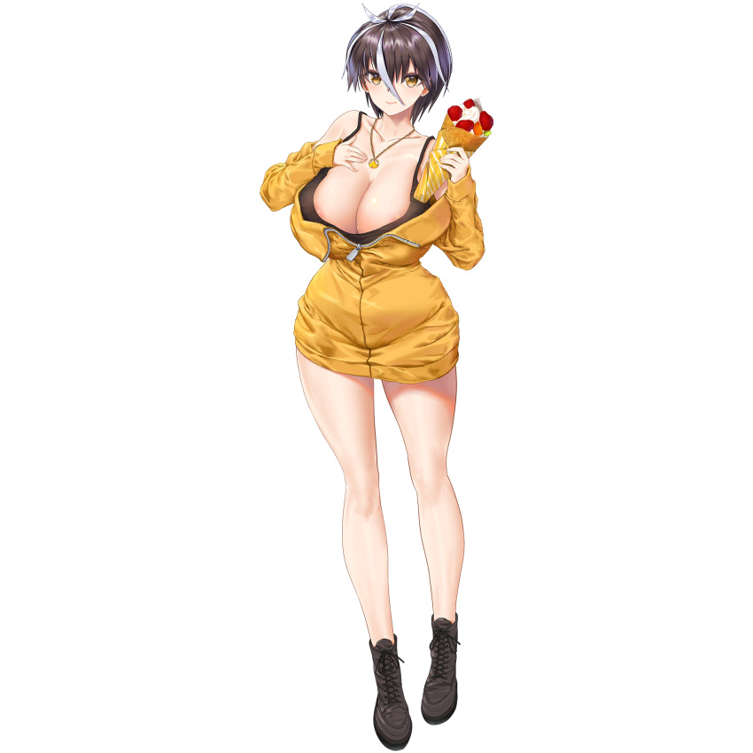 1girl antenna_hair areola_slip bare_legs black_bra black_footwear bra breasts brown_hair cardigan cleavage closed_mouth collarbone cream crepe earrings food fruit full-length_zipper full_body galatea_(last_origin) gold_necklace hair_between_eyes hand_on_own_chest high_tops highres holding holding_food huge_breasts jewelry kiwi_(fruit) kuuro_kuro last_origin lips looking_at_viewer multicolored_hair necklace off_shoulder official_alternate_costume official_art orange_(fruit) partially_unzipped shoes short_hair simple_background smile sneakers solo standing strawberry streaked_hair tachi-e taut_clothes third-party_source transparent_background two-tone_hair underwear white_hair yellow_cardigan yellow_eyes zipper zipper_pull_tab