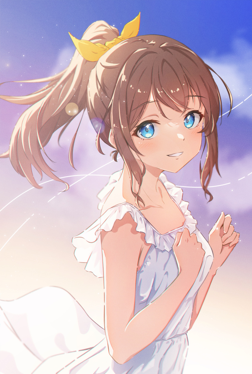 1girl absurdres backlighting bang_dream! bare_arms blue_eyes blue_sky blurry breasts brown_hair chromatic_aberration cloud collarbone commentary depth_of_field dress evening frilled_dress frills from_side gradient_sky grin hair_ribbon highres light_blush light_particles looking_at_viewer looking_to_the_side medium_breasts medium_hair negoma54 outdoors parted_lips ponytail purple_sky ribbon sidelocks sky sleeveless sleeveless_dress smile solo standing sundress upper_body white_dress yamabuki_saya yellow_ribbon