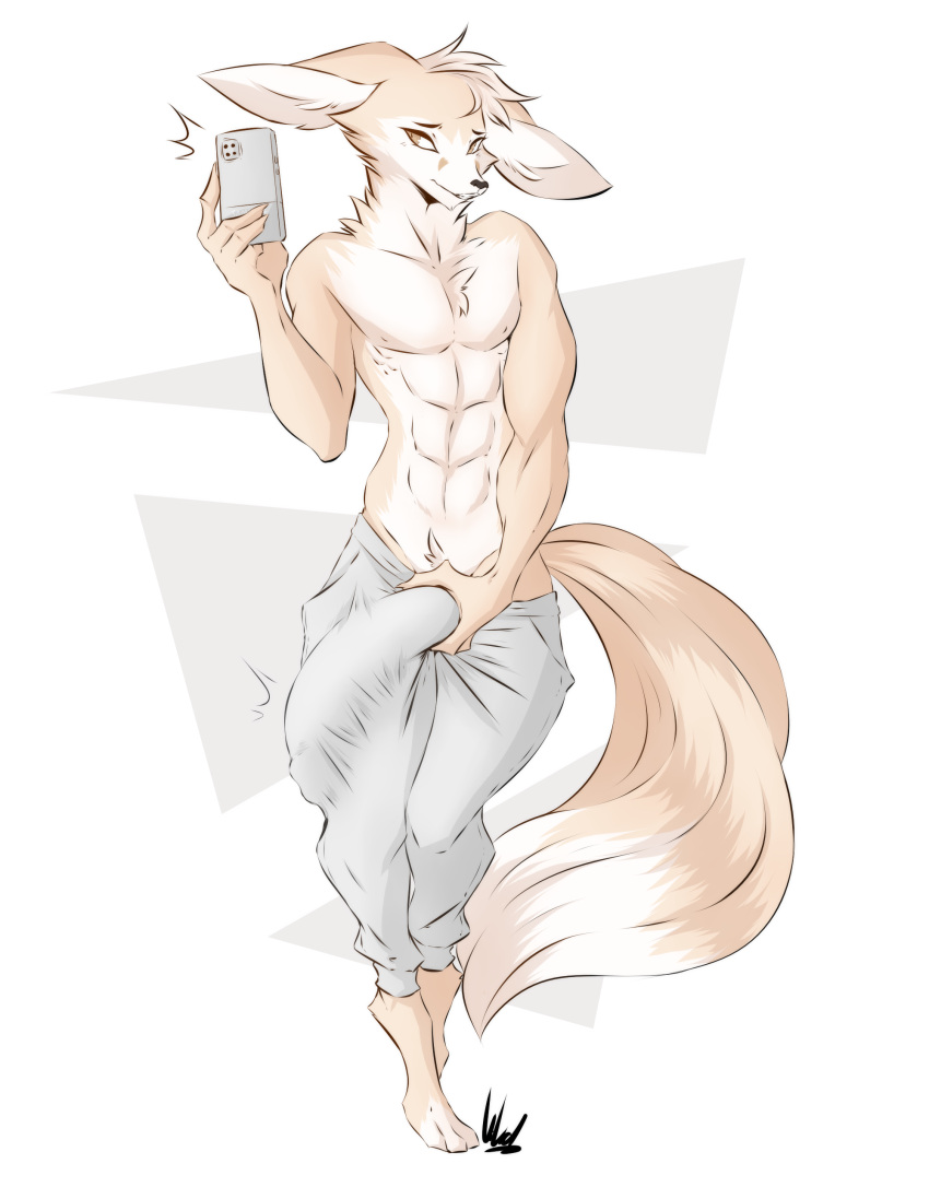 abs absurd_res anthro athletic athletic_anthro athletic_male bedroom_eyes canid canine cellphone cheek_tuft chest_tuft clothed clothing dullvivid ears_down erection erection_under_clothing facial_tuft fennec fox fur genital_outline half-closed_eyes hi_res male mammal multicolored_body multicolored_fur muscle_tone narrowed_eyes neck_tuft pecs phone pivoted_ears seductive selfie shirtless shirtless_anthro shirtless_male simple_background smartphone smile solo sweatpants tan_body tan_fur tiptoes tuft two_tone_body two_tone_fur white_background white_body white_fur