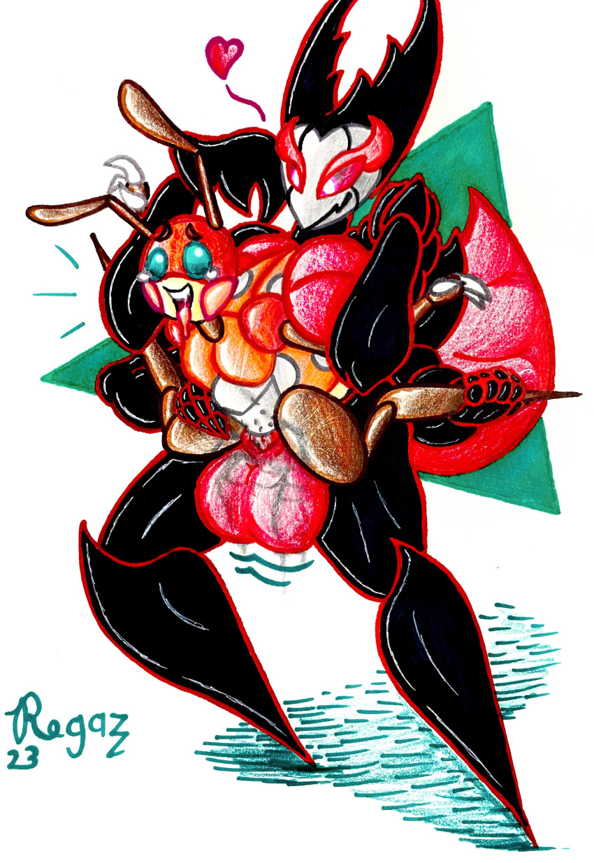 abdominal_bulge absurd_res ahegao anthro arthropod arthropod_abdomen balls beetle big_balls big_breasts black_body bodily_fluids breasts claws cucujoid drooling duo fan_character genitals gynomorph half_nelson hi_res hollow_knight horn humanoid insect intersex intersex/male ladybug looking_pleasured male mantis muscular orange_body penile_spines penis pervnamedregazz red_body restrained saliva scarlett_mantis team_cherry tears tears_of_pleasure thick_thighs traditional_media_(artwork) trans_(lore) trans_man_(lore) vaginal wet_balls