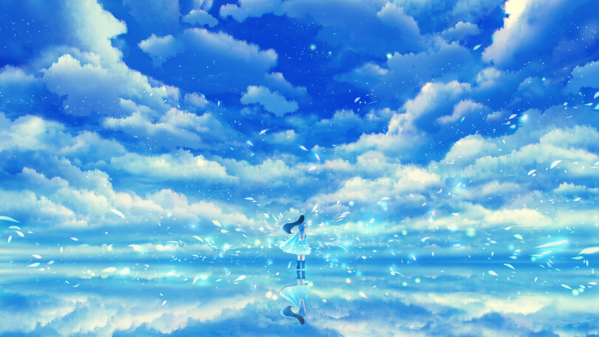 1girl arms_behind_back black_hair blue_dress blue_footwear blue_sky boots chromatic_aberration cloud cloudy_sky dress from_behind highres light_particles long_hair original outdoors own_hands_together reflection sakimori_(hououbds) short_sleeves sky solo standing wide_shot