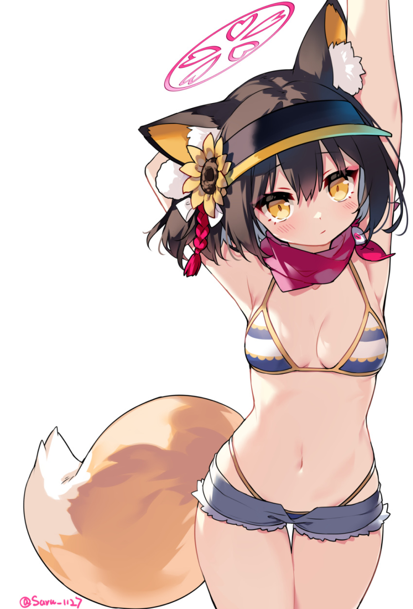 1girl animal_ears arm_behind_head armpits arms_up bikini black_hair blue_archive blue_bikini breasts cowboy_shot cutoffs expressionless flower fox_ears fox_girl fox_tail grey_shorts hair_flower hair_ornament halo halterneck highleg highleg_bikini highres izuna_(blue_archive) izuna_(swimsuit)_(blue_archive) looking_at_viewer micro_shorts navel official_alternate_costume saru scarf short_hair shorts simple_background small_breasts solo standing stomach string_bikini sunflower_hair_ornament swimsuit tail thigh_gap thighs visor_cap white_background yellow_eyes