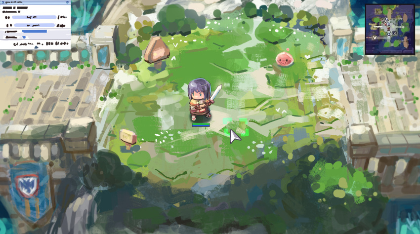 1girl :3 absurdres banner bridge brown_capelet brown_dress bush capelet chibi commentary cursor day dress egnigem_cenia elvafirst english_commentary full_body grass highres holding holding_sword holding_weapon in-universe_location long_hair minimap no_mouth outdoors poring purple_hair ragnarok_online sign sword swordsman_(ragnarok_online) weapon wide_shot