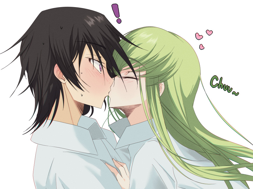 ! 1boy 1girl assertive_female black_hair blush budgiepon c.c. close-up closed_eyes closed_mouth code_geass collared_shirt commentary_request couple eyelashes food food_in_mouth from_side green_hair hair_between_eyes hand_on_another's_chest heart hetero highres kiss lelouch_vi_britannia long_hair nose nose_blush pocky pocky_in_mouth pocky_kiss profile purple_eyes shirt short_hair sidelocks simple_background sound_effects spiked_hair straight_hair surprised sweat white_background white_shirt wide-eyed