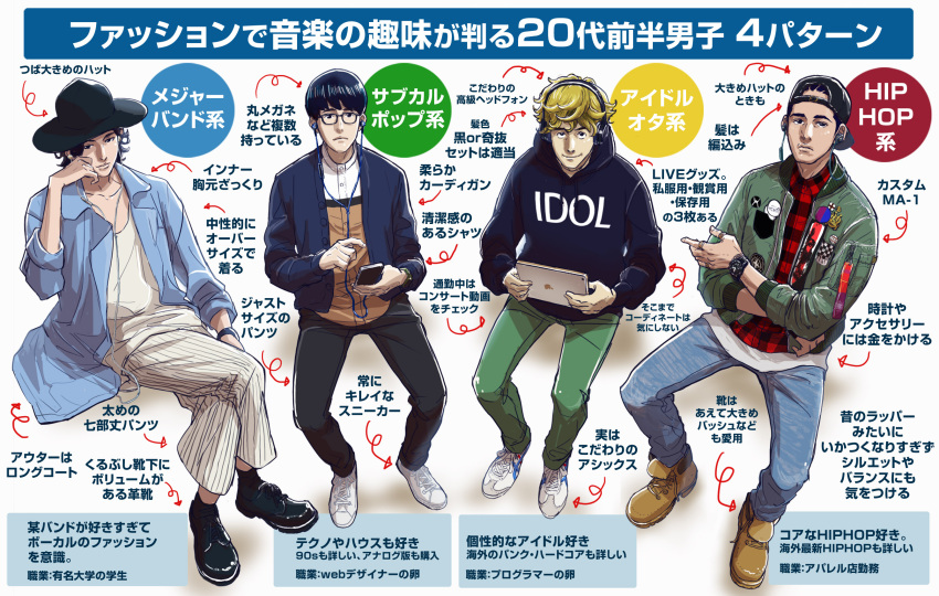 4boys anime_coloring backwards_hat blonde_hair bowl_cut bracelet brown_footwear checkered_clothes checkered_skirt cornrows dark-skinned_male dark_skin denim earbuds earphones glasses hat headphones highres ipad jeans jewelry loafers male_focus mamaredo multiple_boys original pants phone shoes skirt striped striped_pants tablet_pc