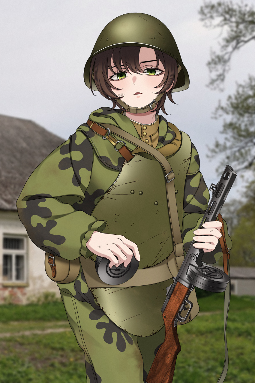 1girl absurdres ammunition_pouch armor bag blurry blurry_background body_armor brown_hair camouflage camouflage_jacket camouflage_pants chin_strap combat_helmet commentary day drum_magazine green_eyes gun gun_sling hair_between_eyes helmet highres holding holding_gun holding_weapon jacket keiita long_sleeves looking_at_viewer magazine_(weapon) messenger_bag military military_jacket military_uniform open_mouth original outdoors pants photo_background pouch ppsh-41 short_hair shoulder_bag soldier solo soviet soviet_army standing submachine_gun uniform upper_body weapon world_war_ii