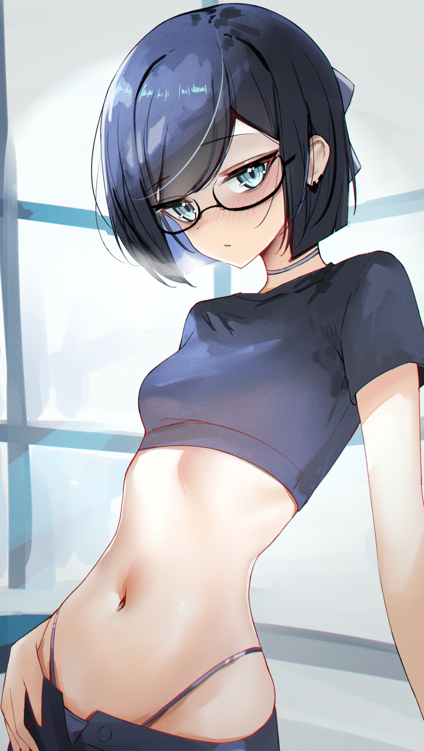 1girl a-chan_(hololive) absurdres arm_support blue_eyes blue_hair blush breasts choker crop_top dot_nose glasses highres hololive leaning_back navel open_fly panties pants panty_peek parted_lips rifufu short_hair small_breasts solo stomach underwear virtual_youtuber window