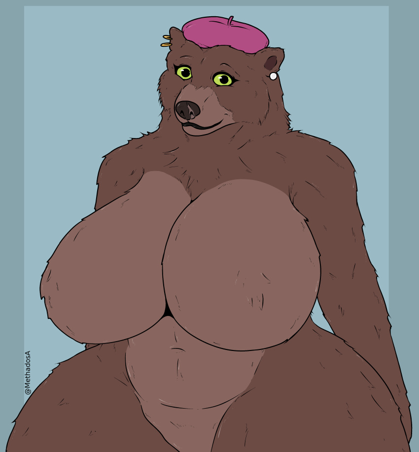 2023 absurd_res anthro anthrofied bear beret big_breasts black_eyebrows black_eyelashes black_lips black_nose black_pupils breasts brown_body brown_ears brown_fur brown_inner_ear cheek_tuft chest_tuft closed_smile clothing countershade_breasts countershade_torso countershading curvy_figure digital_drawing_(artwork) digital_media_(artwork) dreamworks ear_piercing ear_ring extended_arm eyebrows eyelashes facial_tuft female fluffy front_view fur fur_tuft geometric_background glistening glistening_body glistening_eyes glistening_fur glistening_lips glistening_nose green_eyes hat headgear headwear hi_res huge_breasts lips looking_at_viewer mama_bear mama_bear_(puss_in_boots) mammal mature_anthro mature_female methados mostly_nude mostly_nude_anthro mostly_nude_female mouth_closed naturally_censored neck_tuft no_irises piercing pink_beret pink_clothing pink_hat pink_headwear portrait pupils puss_in_boots_(film) puss_in_boots_the_last_wish ring_piercing simple_background smile smiling_at_viewer snout solo text thick_bottom_lip thick_thighs three-quarter_portrait tuft url voluptuous white_ear_piercing white_ear_ring white_piercing wide_hips yellow_ear_piercing yellow_ear_ring yellow_piercing