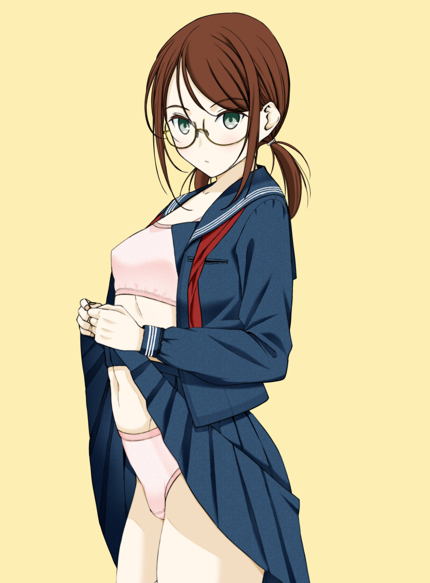 1girl absurdres blue_sailor_collar blue_shirt blue_skirt bra brown_hair closed_mouth clothes_lift cowboy_shot crotch_seam from_side glasses green_eyes hair_tie highres lifted_by_self light_frown long_sleeves looking_at_viewer low_twintails medium_hair moonsorrow navel neckerchief open_clothes open_shirt original panties pink_bra pink_panties pleated_skirt red_neckerchief round_eyewear sailor_collar school_uniform serafuku shirt simple_background skirt skirt_lift solo standing training_bra twintails underwear undone_neckerchief yellow_background