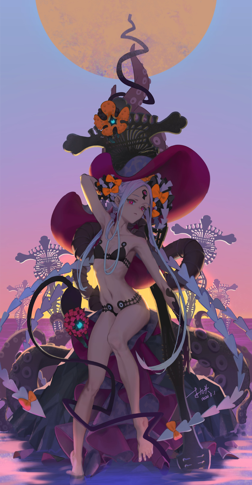 1girl abigail_williams_(fate) abigail_williams_(swimsuit_foreigner)_(fate) abigail_williams_(swimsuit_foreigner)_(first_ascension)_(fate) absurdres barefoot bikini black_bikini black_bow bow breasts cat double_bun dusk expressionless fate/grand_order fate_(series) full_body full_moon hair_bun highres horizon key keyhole lee999nine long_hair looking_at_viewer moon ocean orange_bow parted_bangs parted_lips pink_eyes sky small_breasts solo suction_cups sunset swimsuit tentacles third_eye very_long_hair water white_hair